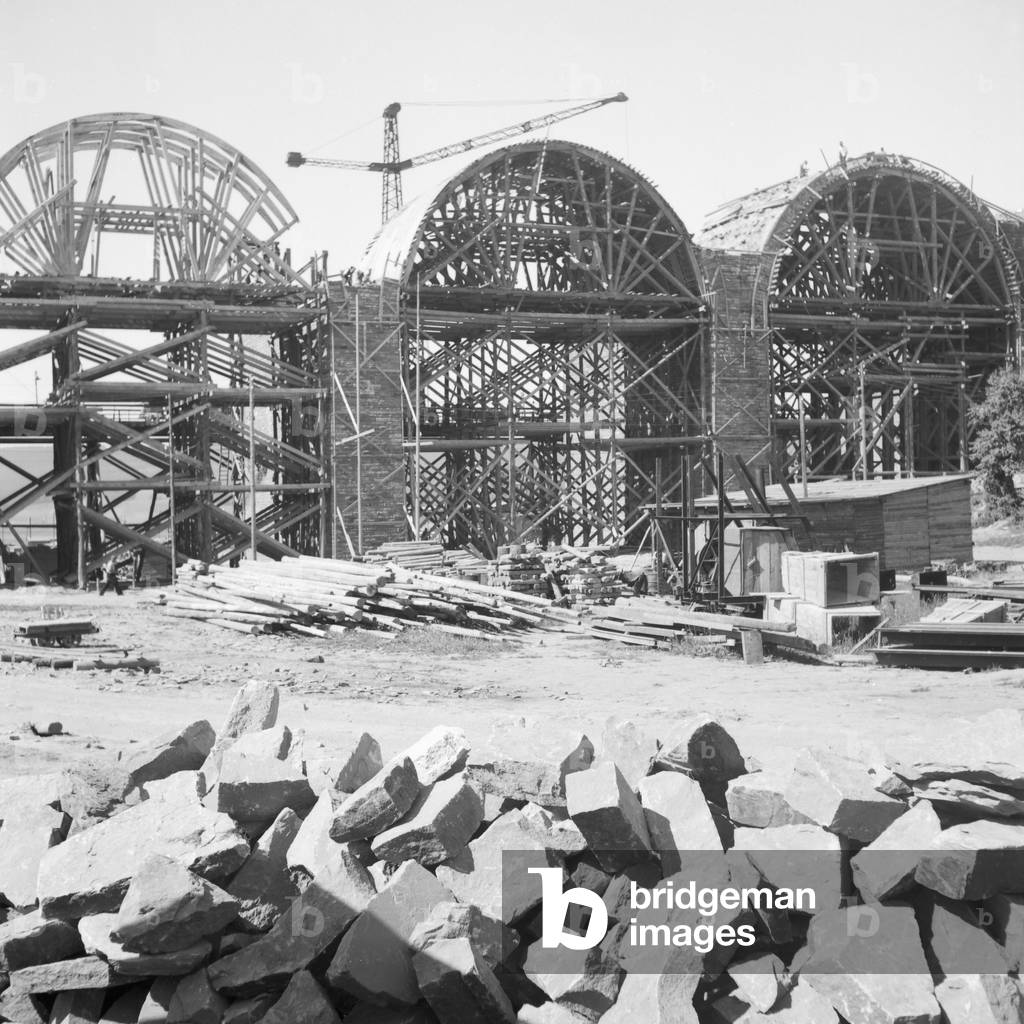 Constructing a bridge for Reichsautobahn highway near Bueckeburg, Germany 1930s (b/w photo)