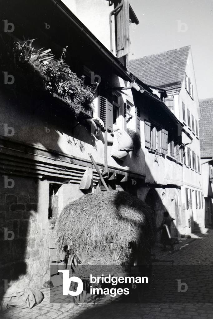 A cart filled with a big pile of hay suggest the yet rural lifestyle in some parts of Tübingen, Germany 1930s (b/w photo)