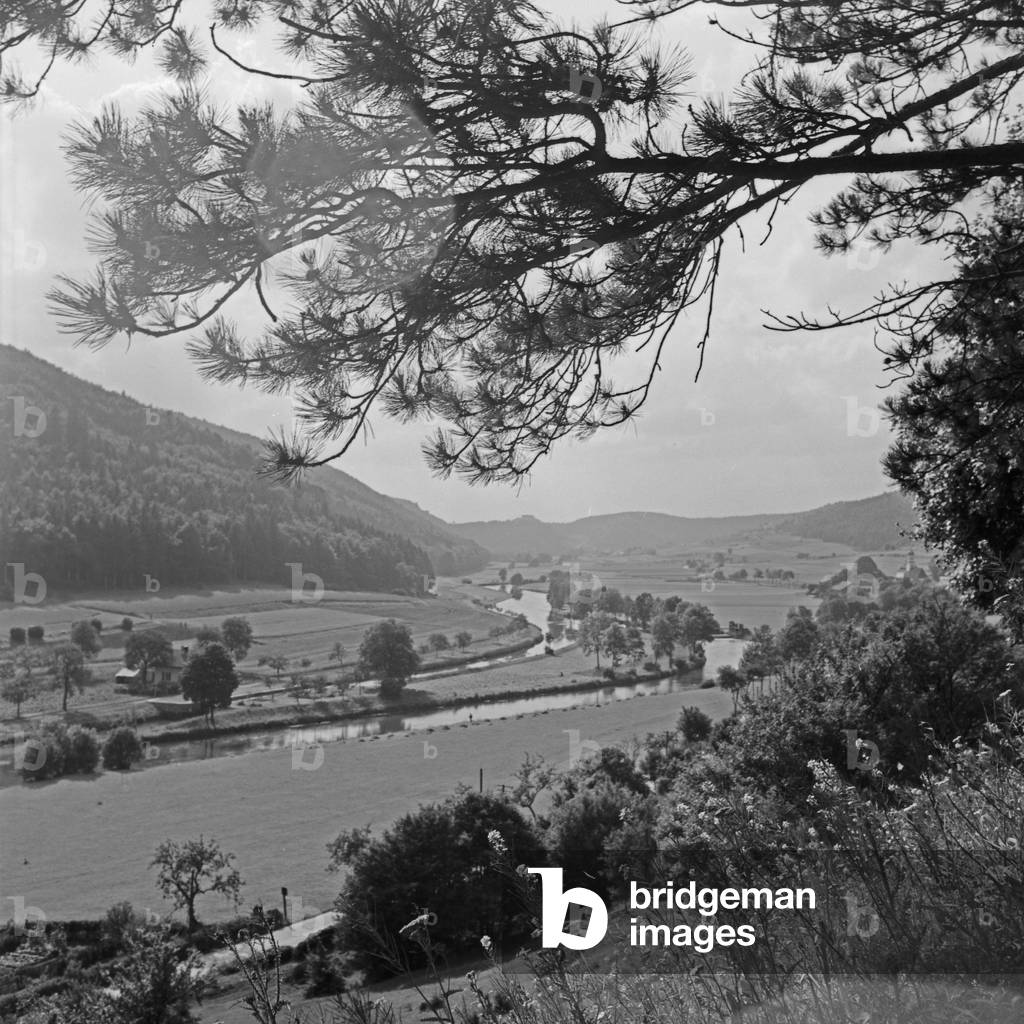 View to the romantic Altmuehltal valley, Germany 1930s (b/w photo)