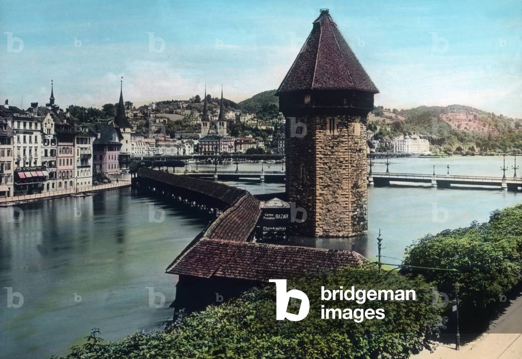 The Water Tower at the Chapel Bridge of Lucerne, Switzerland, c.1910s