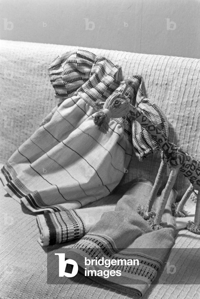 Products of Adolf Bauer & Sons' weaving mill as exhibits, Germany 1940s (b/w photo)