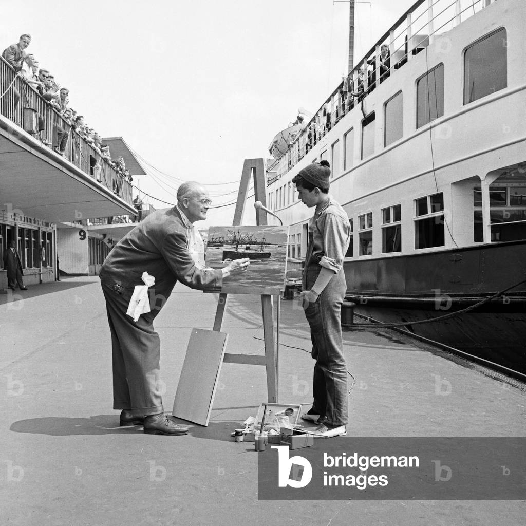 Ship painter while a music show of German TV channel Norddeutscher Rundfunk from St Pauli jetty at Hamburg, Germany 1961