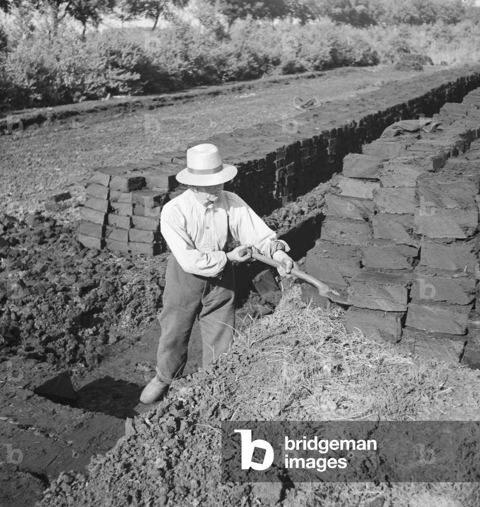 Peat digging at Teufelsmoor swamp near Bremen, Germany 1930s (b/w photo)
