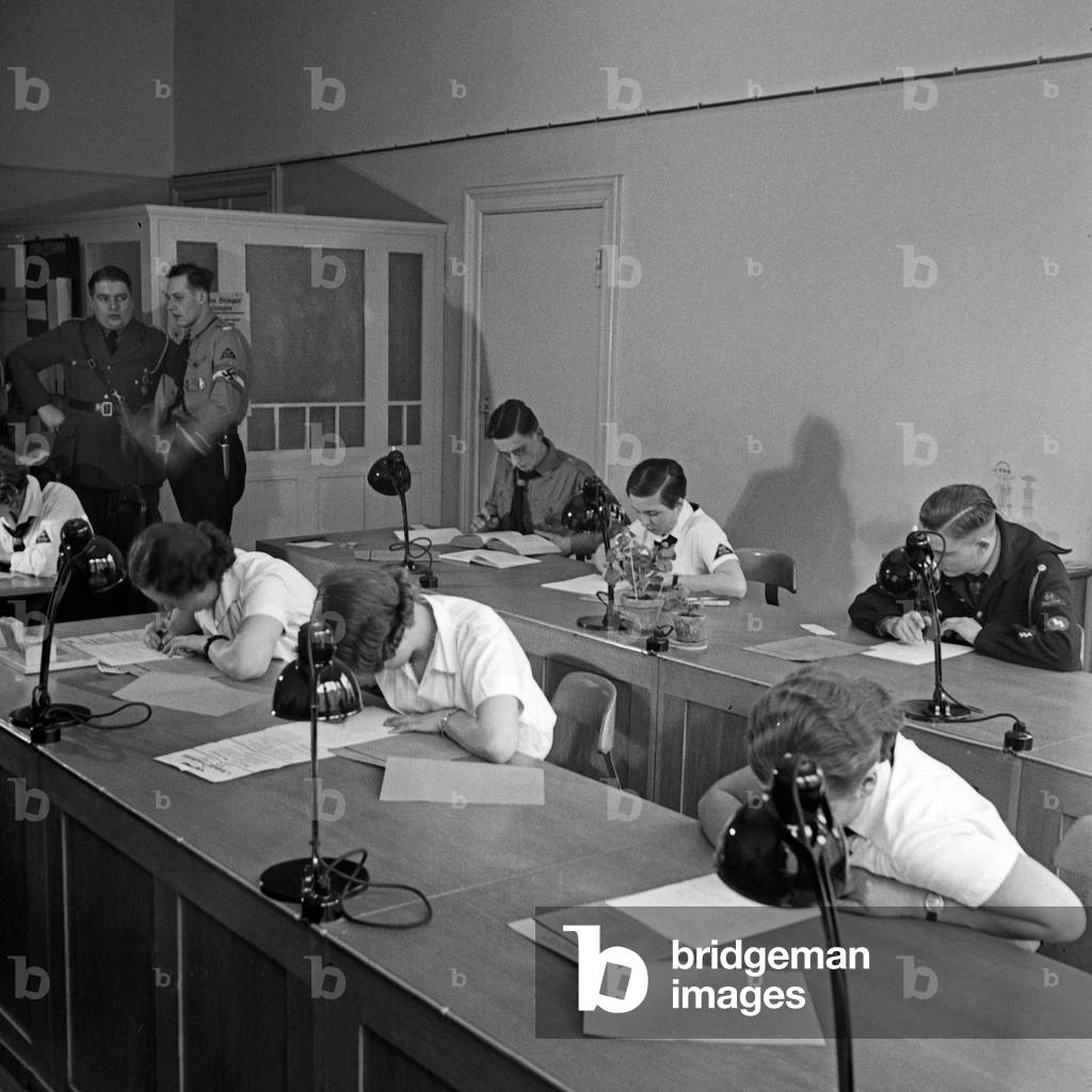 Day of a written examination at the Reichsberufswettkampf contest 1937, Germany 1930s (b/w photo)