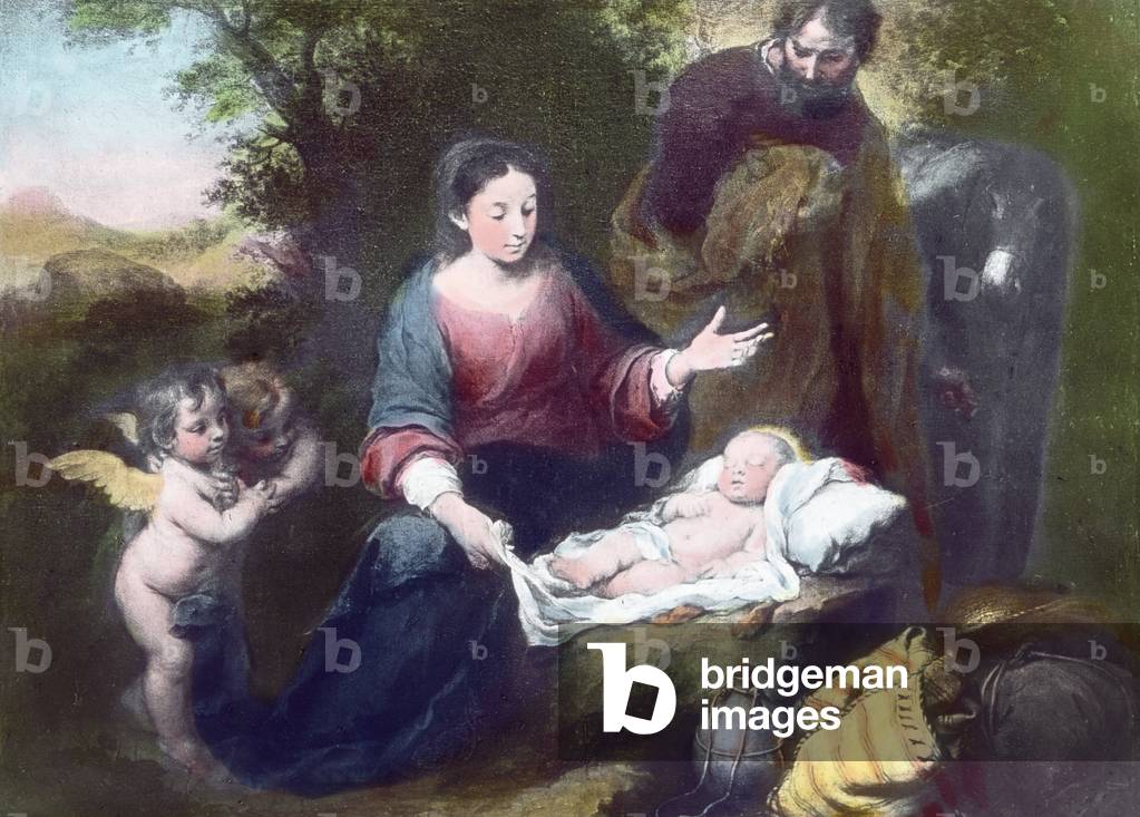 The Sleeping Christ Child with Angels, Mary and Joseph. Painting (undated) by Spanish Baroque painter Bartolome Esteban Murillo (1617 - 1682). Image date: circa 1900. Carl Simon Archive