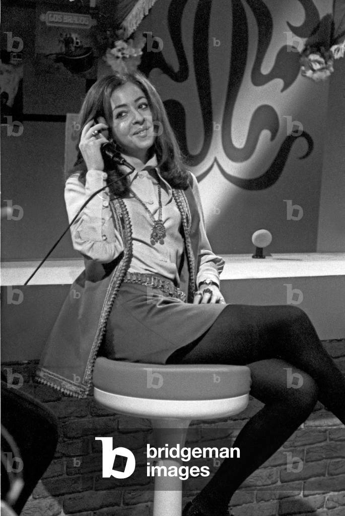 German Greek singer Vicky Leandros on the phone at a German TV show, end 1960s