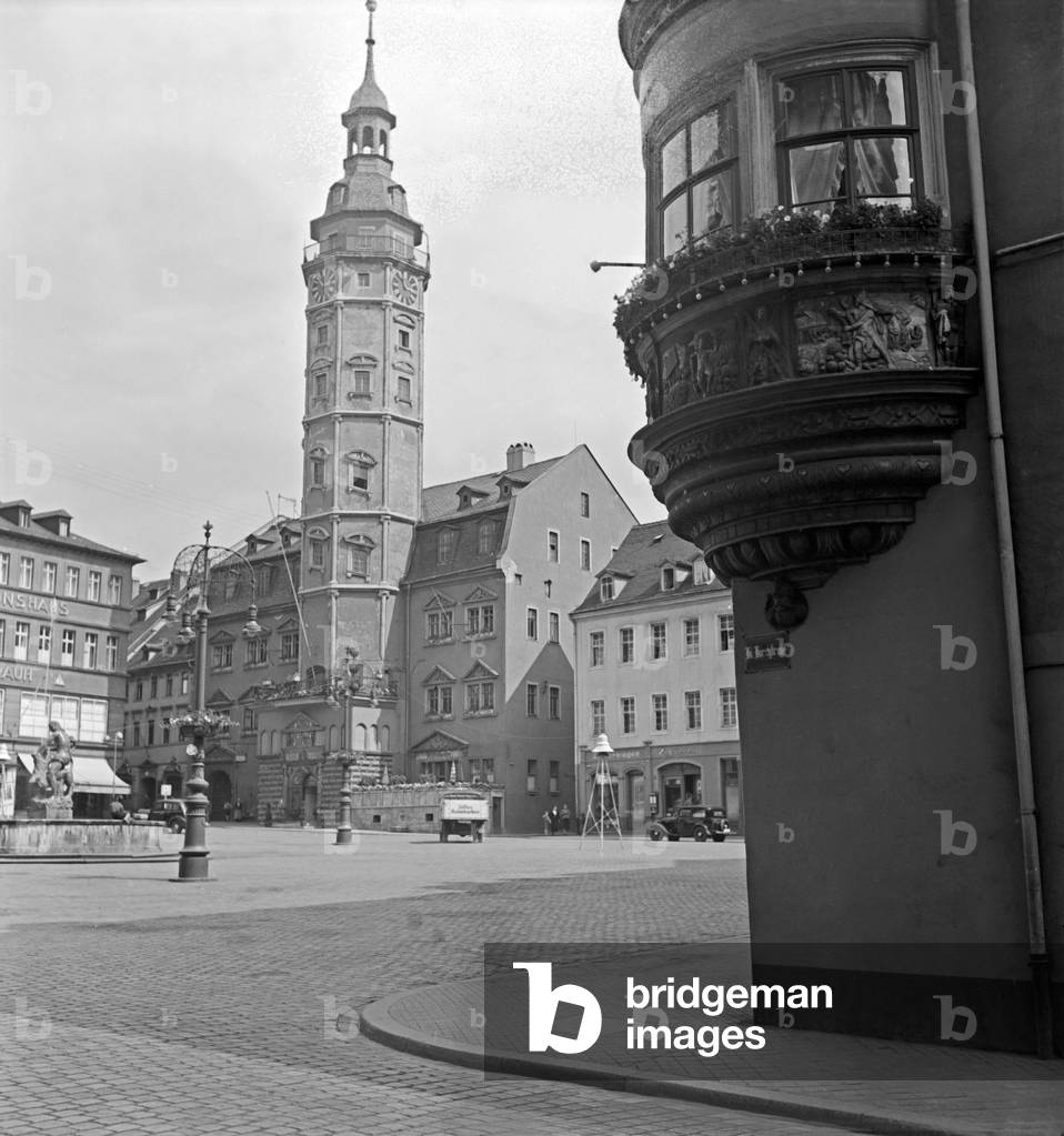 Main market and town hall of Gera, Germany 1930s (b/w photo)