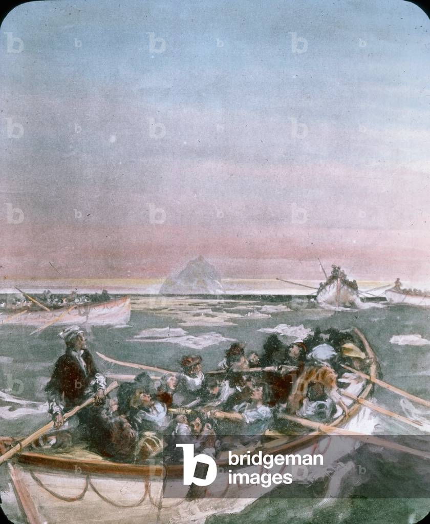 The maiden voyage of the Titanic 1912 - Titanic disaster - lifeboats with passengers from the sunken Titatnic, illustration. 15. April 1912. Carl Simon Archive