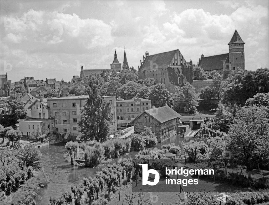 View to river Alle and old city of Allenstein, East Prussia (b/w photo)