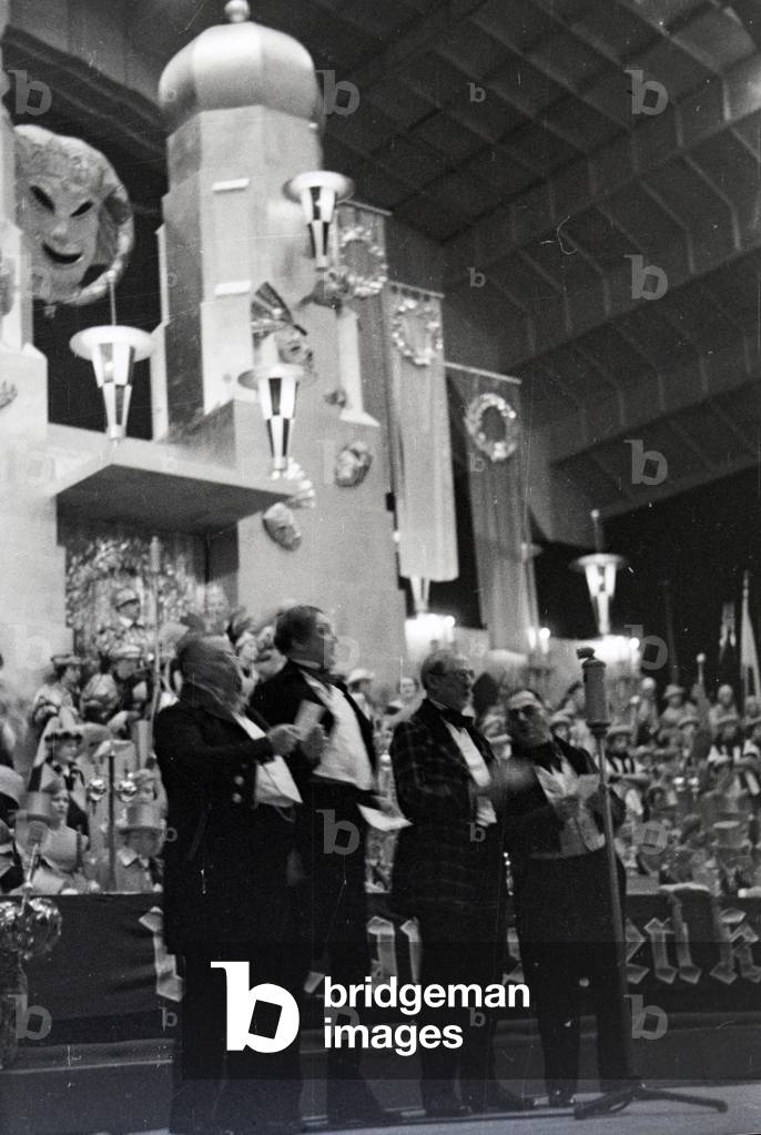 Carnival orators at a carnival session, Germany 1937 (b/w photo)