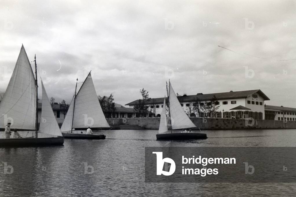 Sailing boats near the coast on the Chiemsee, Germany 1930s (b/w photo)
