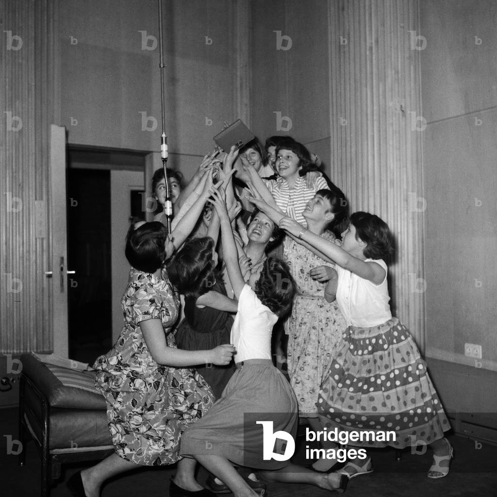 A group of girls at the production of an audio play at German TV and radio station NDR in Hamburg, Germany 1950s