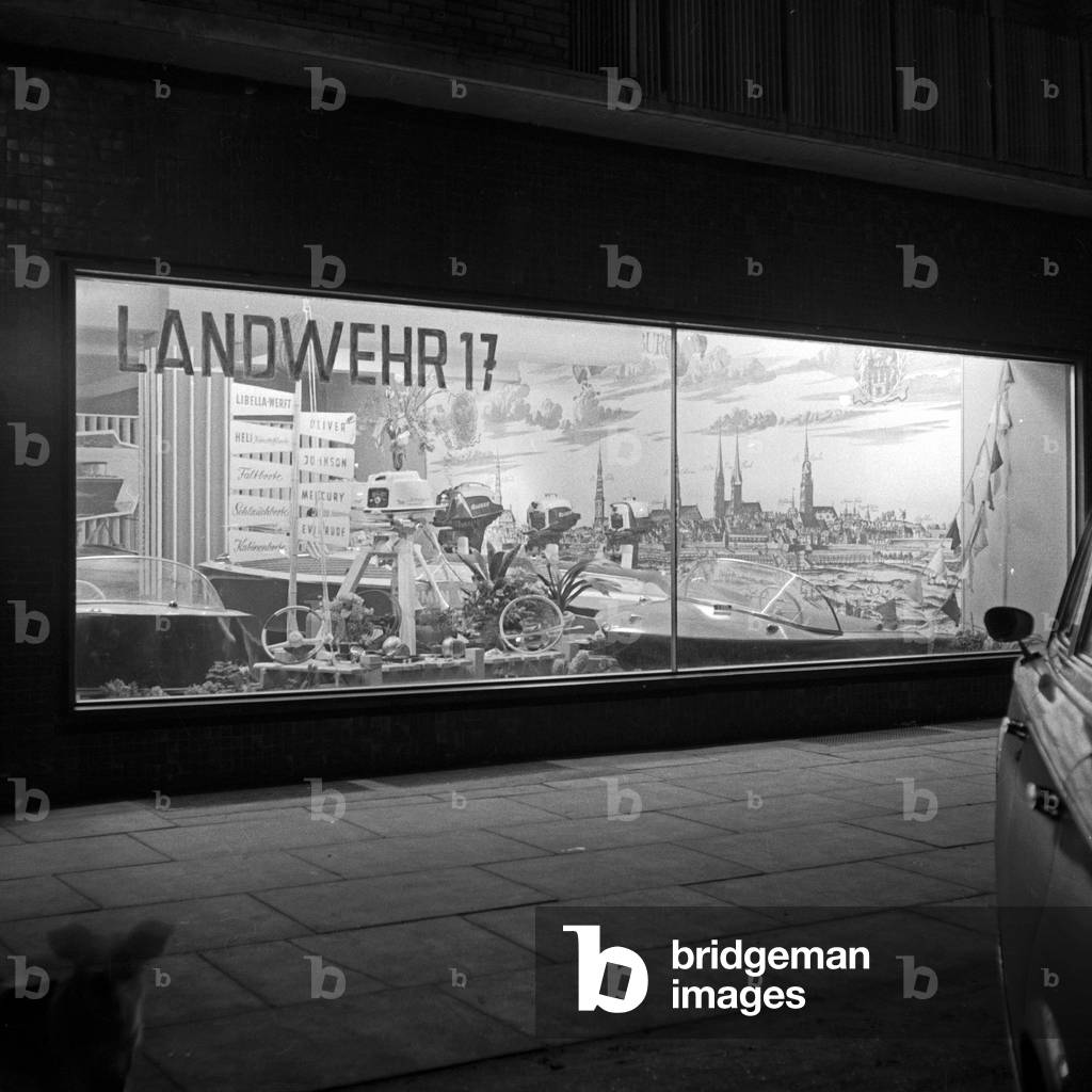 Showroom of boats produces by the Armin Wiedemann company at Hamburg, Germany 1950s