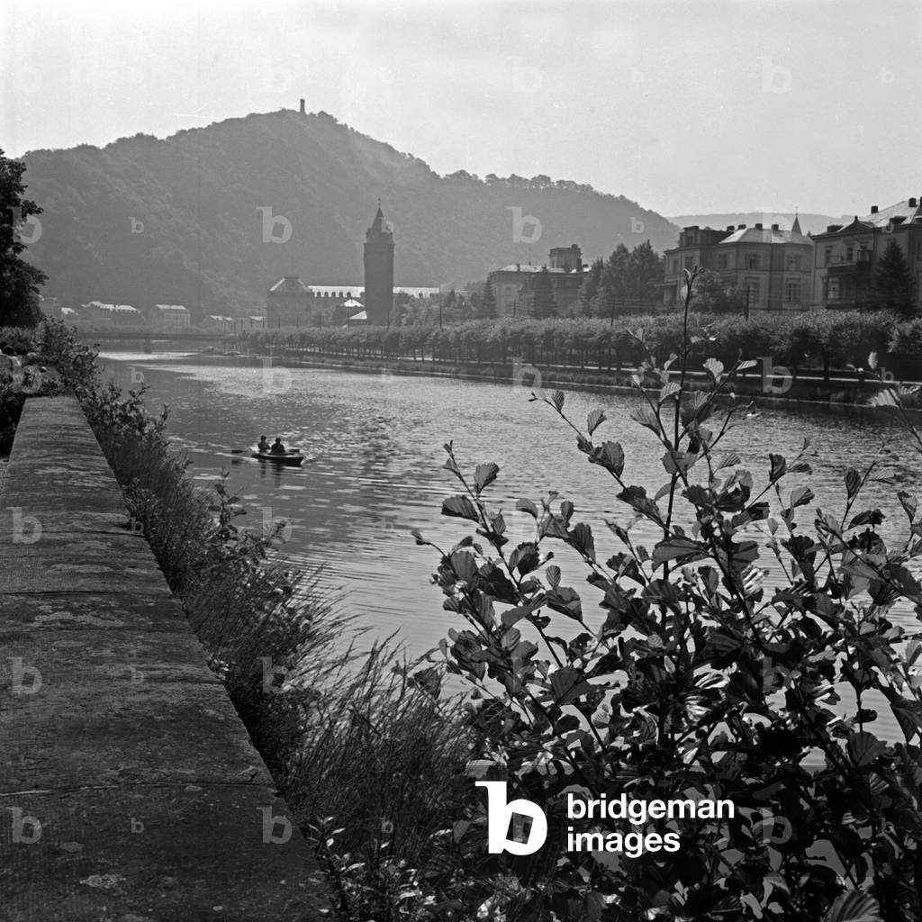 View to spa resort of Bad Ems and the river Lahn, Germany 1930s (b/w photo)