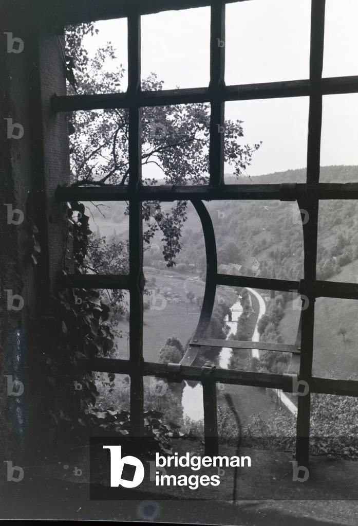 Panoramic view from the castle in Rothenburg ob der Tauber on the lush nature in the valley, Germany 1930s (b/w photo)
