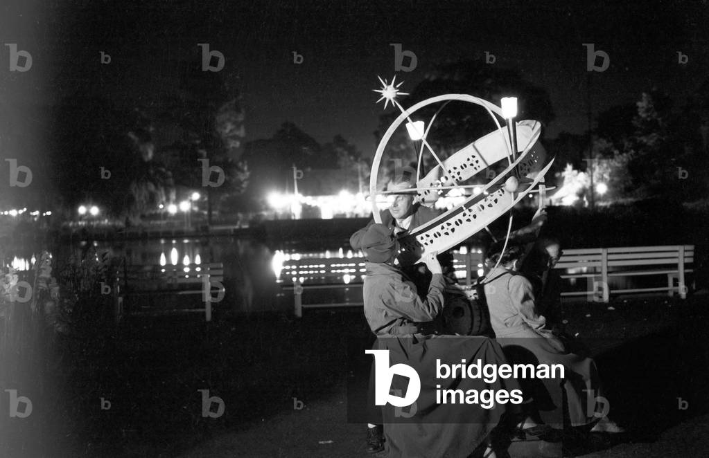 By night at the sundial at Planten un Blomen public gardens at Hamburg, Germany 1950s