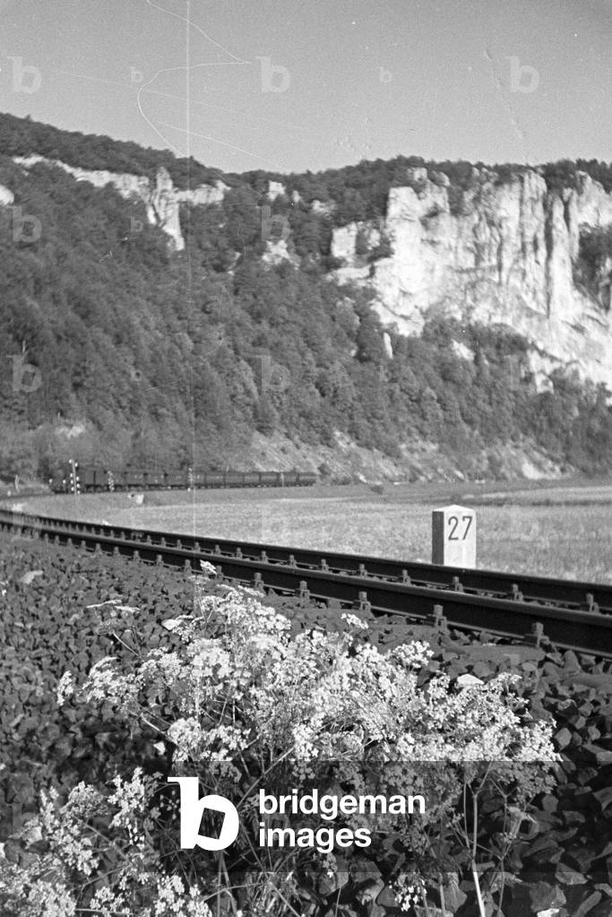 Idyllic panoramic view of the Black Forest with railways leading through the valley, Germany 1930s (b/w photo)