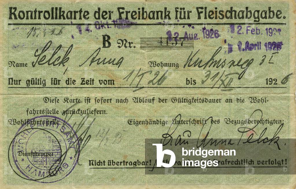 Germany , the time of the Weimarer Republic , Hamburg , time card for the sale of cheap meat (food ration card) , valid from 01. 01. 1926 to 31. 03. 1926. Keywords : the German Reich , World War I , WW I , the First World War , postwar era , food ration cards , rationing , providing , poverty , plight , misery , economy , in the twenties of the twentieth century