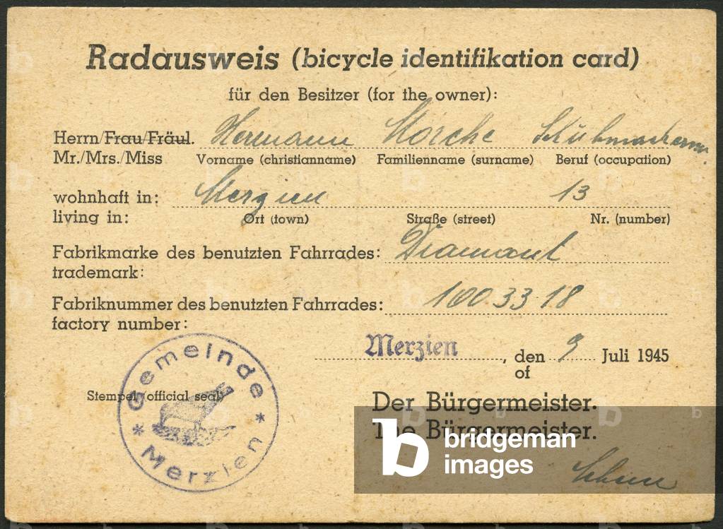 Germany, Saxony-Anhalt, Merzien, bicycle idendification card, date of issue 9. 7. 1945 in the municipality of Merzien