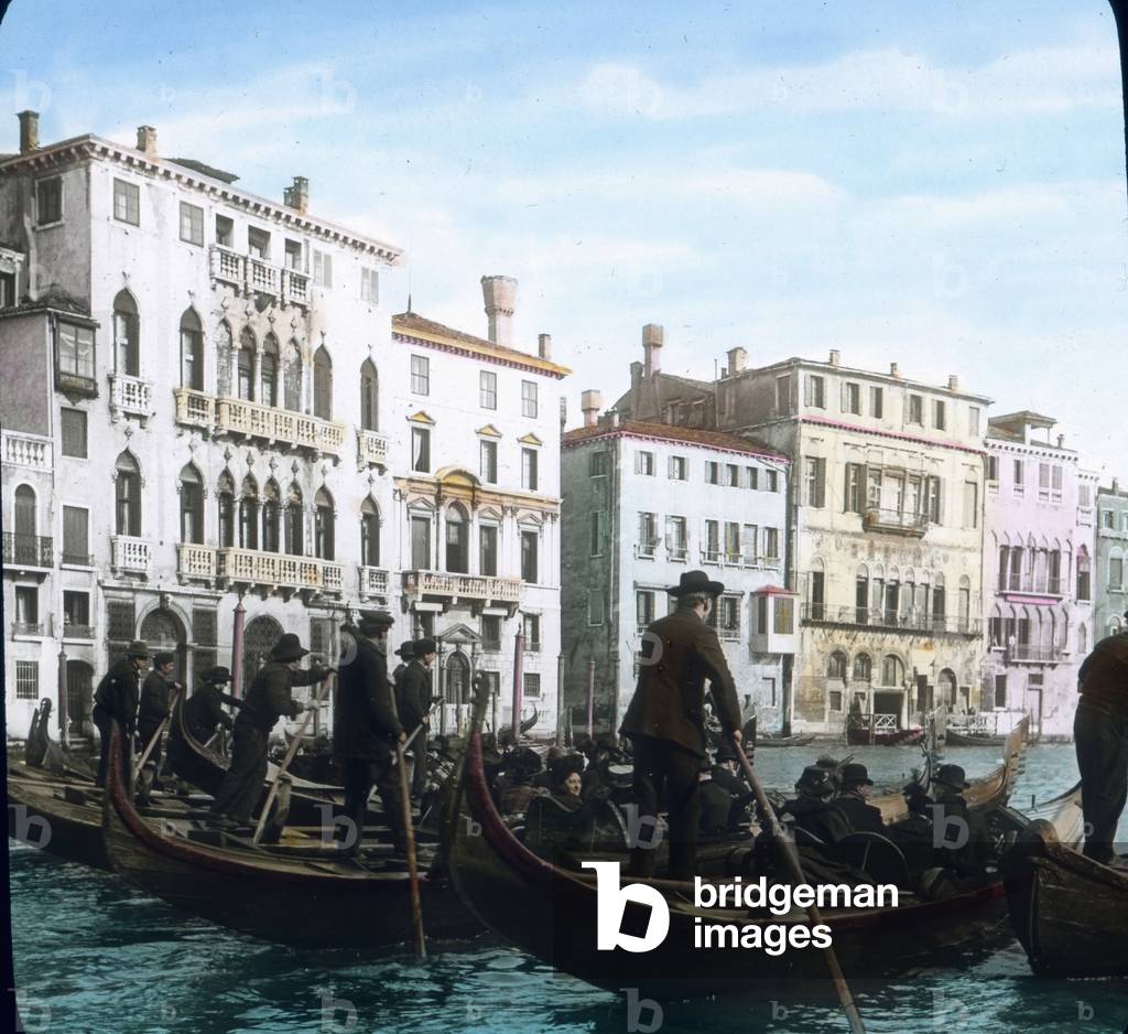 Italy, Venice, Gondoliers on the Grand Canal, image date: circa 1910. Carl Simon Archive