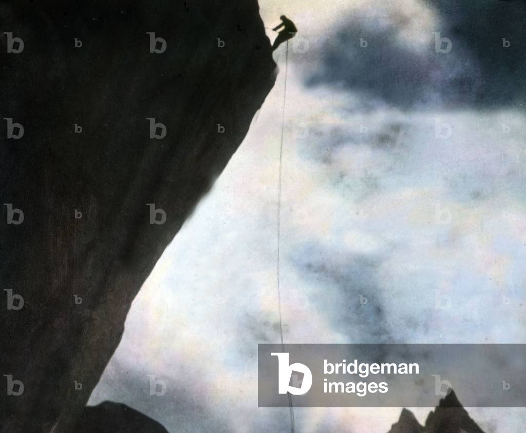 Mountain climber at an overhang, Austria 1920s