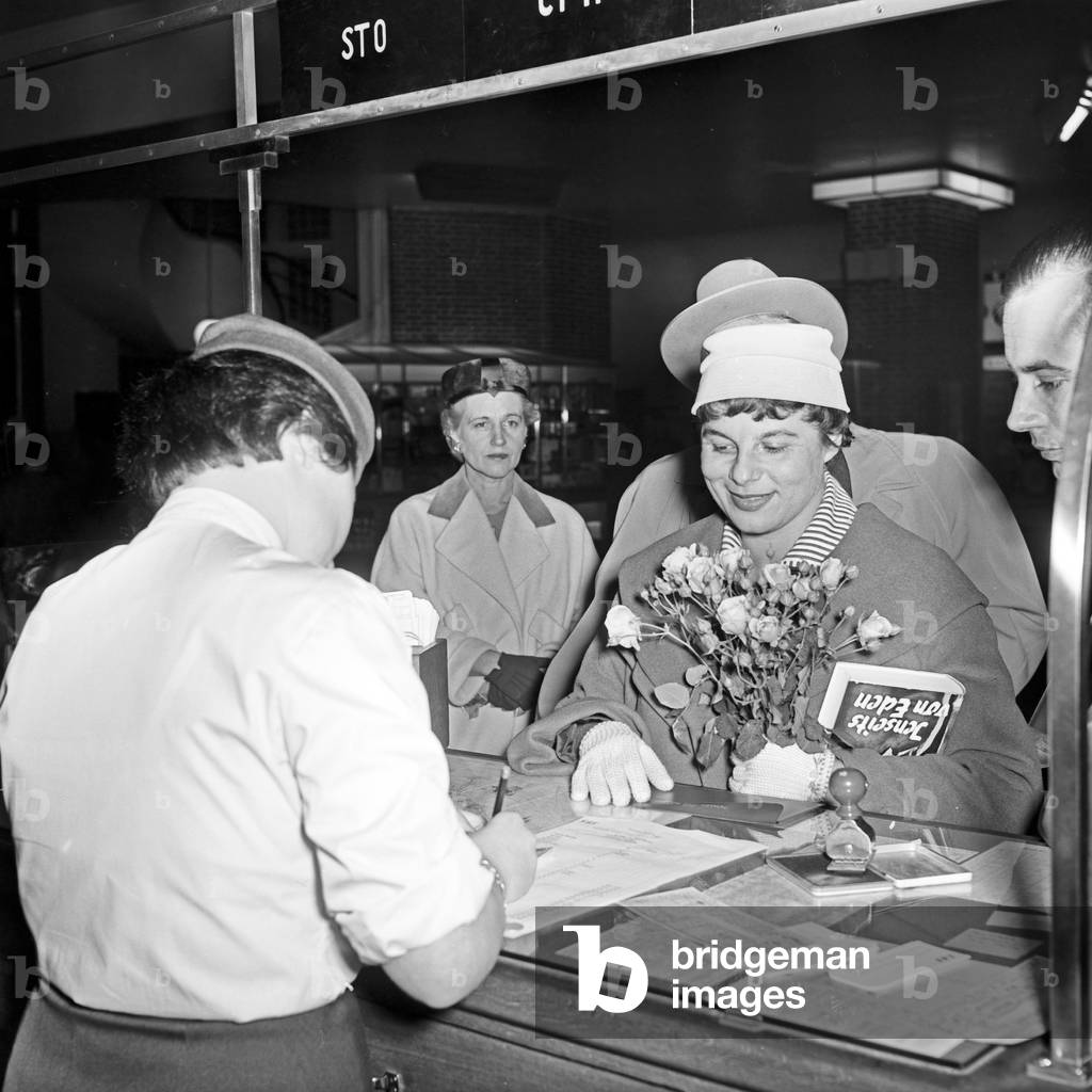 at the boarding and passport checkpoint of Hamburg airport, Germany 1950s