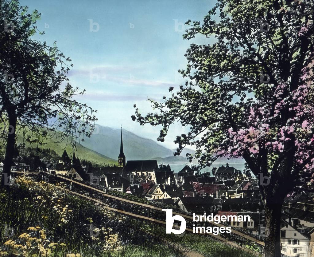 Town of Zug and Pilate mountain in the background, Switzerland 1930s