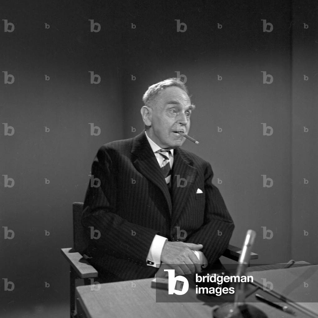 Professor Otto Hahn talking to Heinz Haber at Hamburg, Germany 1960s