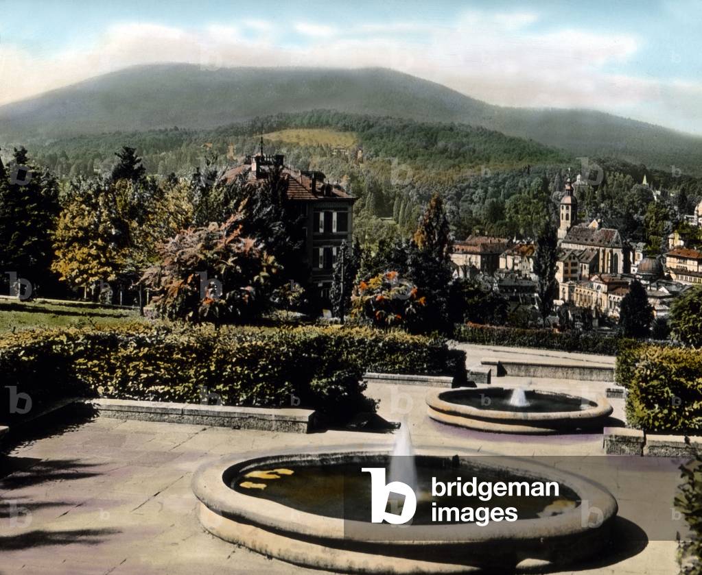 view from the ornate fountain garden Paradies, situated in the residential area of Friedrichshöhe to the spa town Baden-Baden