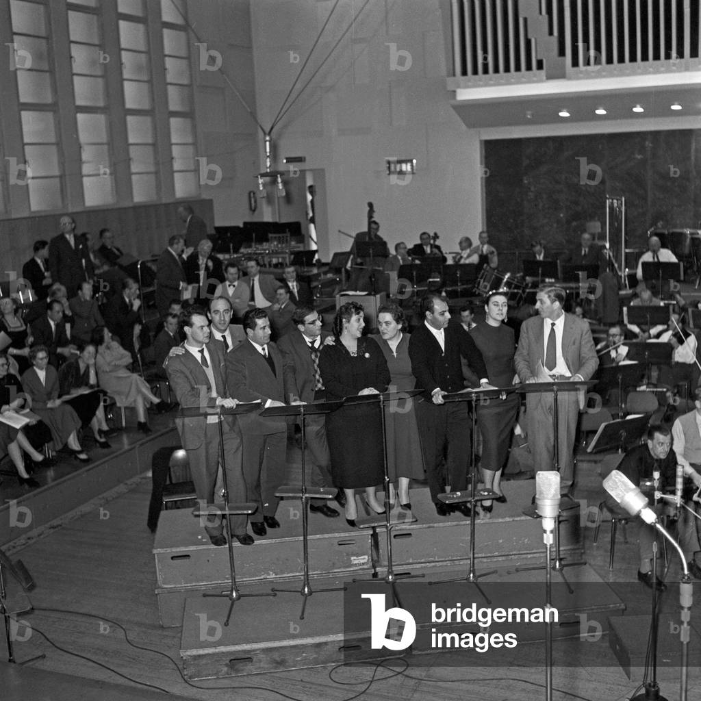 A choir performing at Studio 10 of German TV and radio station NDR at Hamburg, Germany 1950s