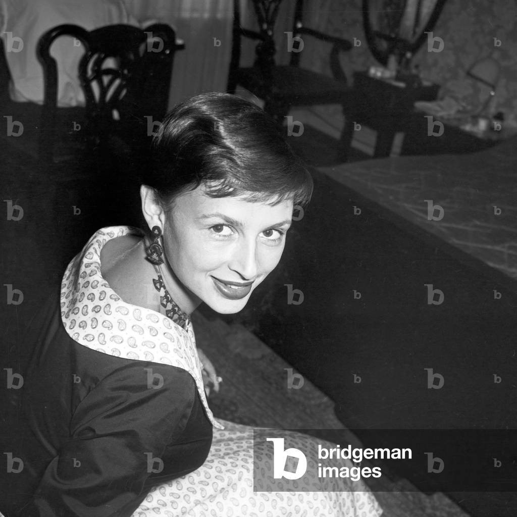 One of the TV presenters of the channel NDR doing her make up, Germany 1950s