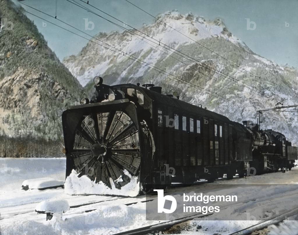 Snowplow in action in Switzerland, 1930s