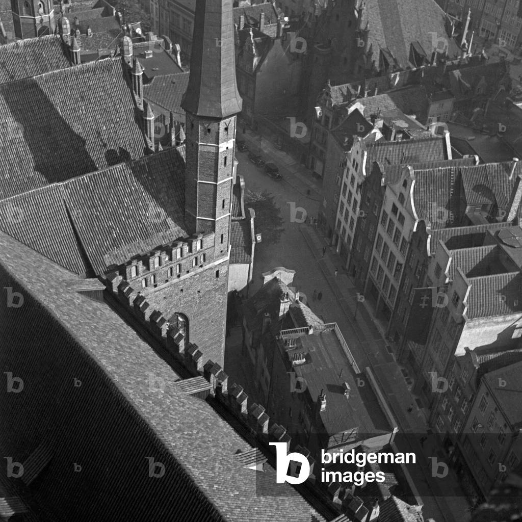 View from the belfry of St Mary's church at Danzig to the city, Germany 1930s (b/w photo)