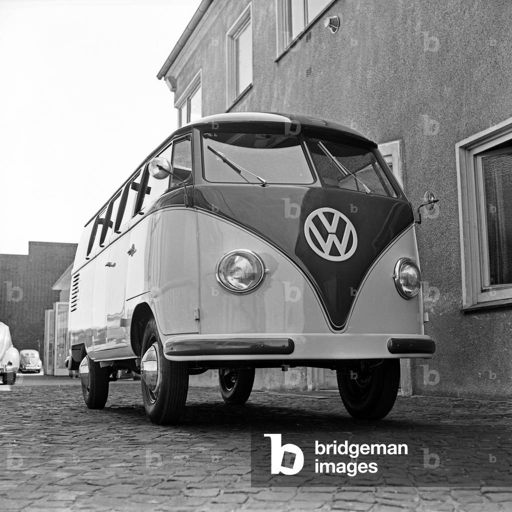 Front view of a Volkswagen bus T1 at a car dealership in Hamburg, Germany 1950s