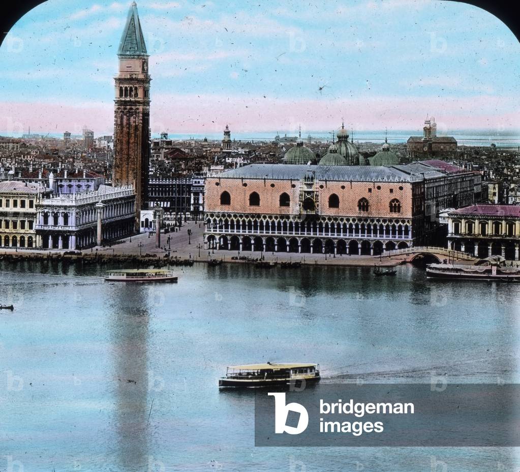 Italy, Venice, panorama view to the Doge's Palace and the Bell Tower of St. Marks Basilica, image date: circa 1910. Carl Simon Archive