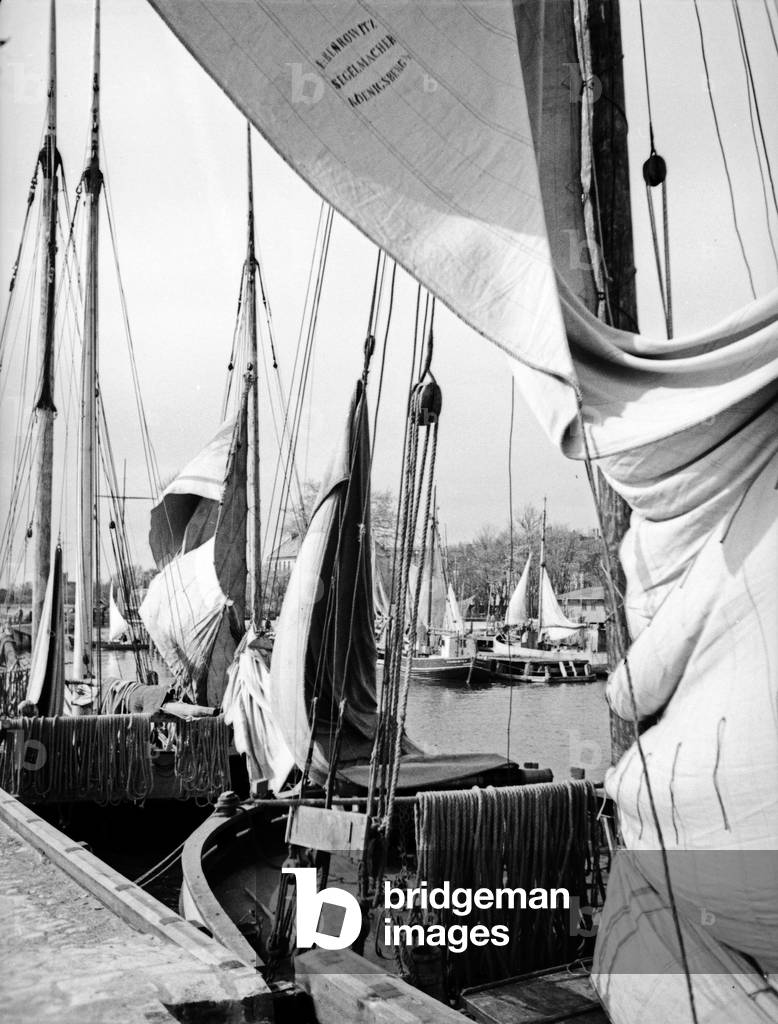 Sailing boats at the sailing harbor of Koenigsberg, East Prussia, 1930s (b/w photo)