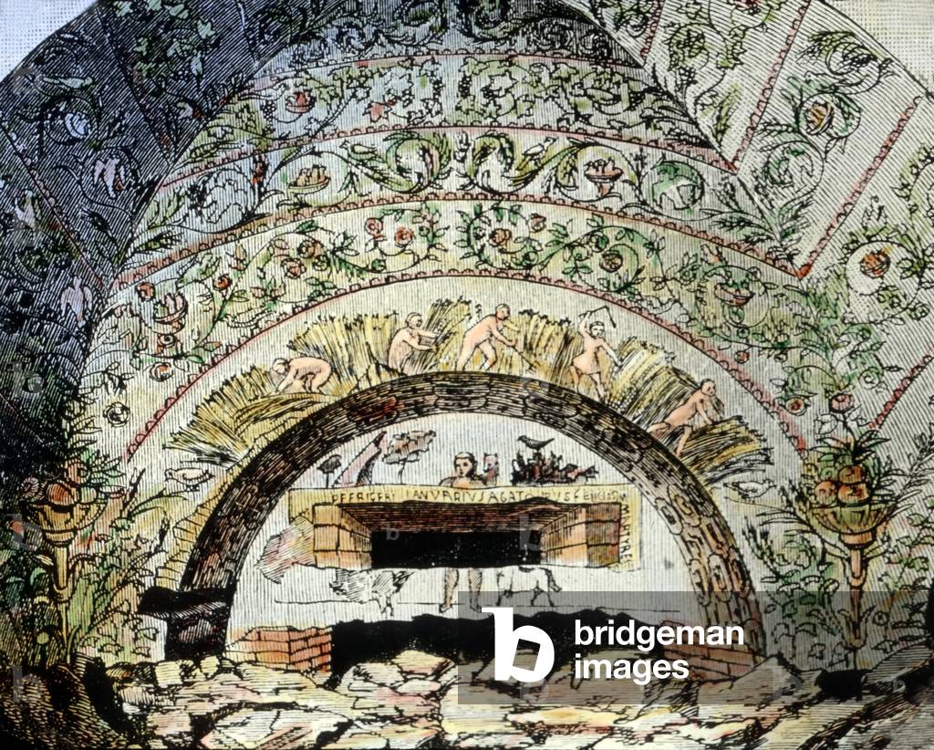 Ceiling painting at Lucina's catacomb depicting the good shepherd, Rome, Italy, 1920s