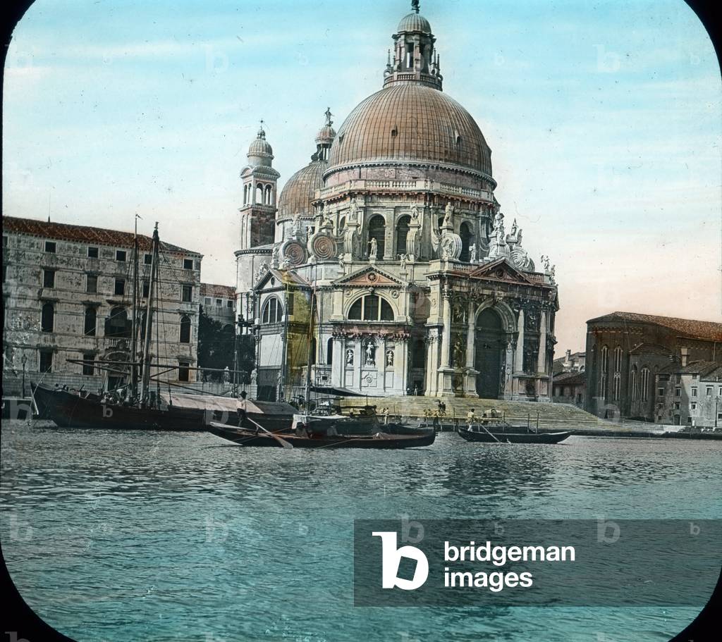 Italy, Venice, view to Basilica Santa Maria della Salute, aka Basilica of St. Mary of Health, Dorsoduro area, image date: circa 1910. Carl Simon Archive