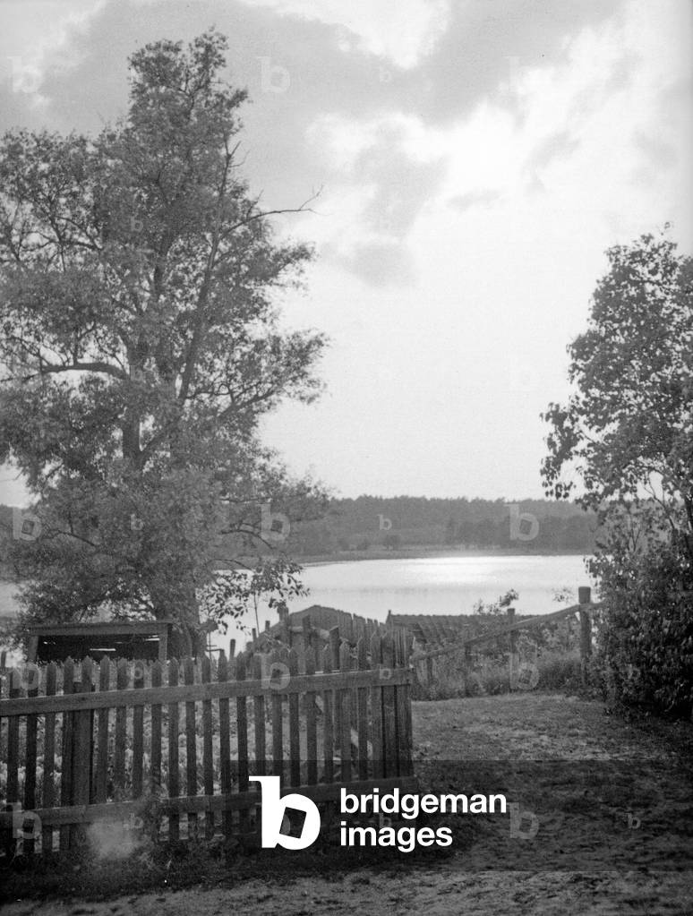 View to lake Bibersee in Masuria, East Prussia, 1930s (b/w photo)