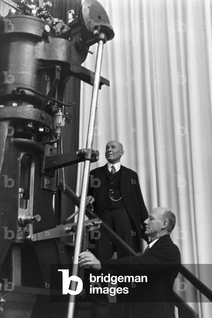 Speaker on the Diesel anniversary at the MAN factory at Augsburg, Germany 1930s (b/w photo)