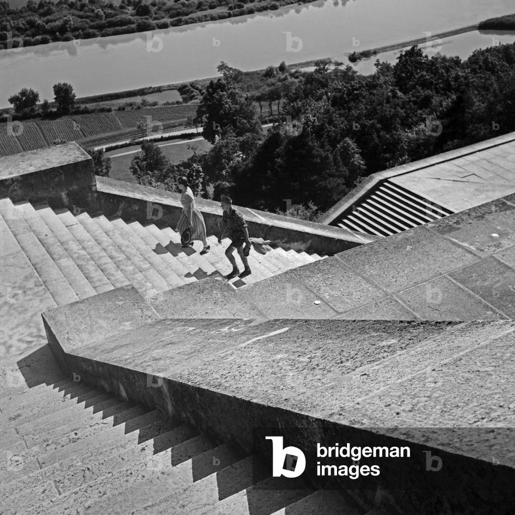 Stairs up to Walhalla memorial near Donaustauf, Germany 1930s (b/w photo)