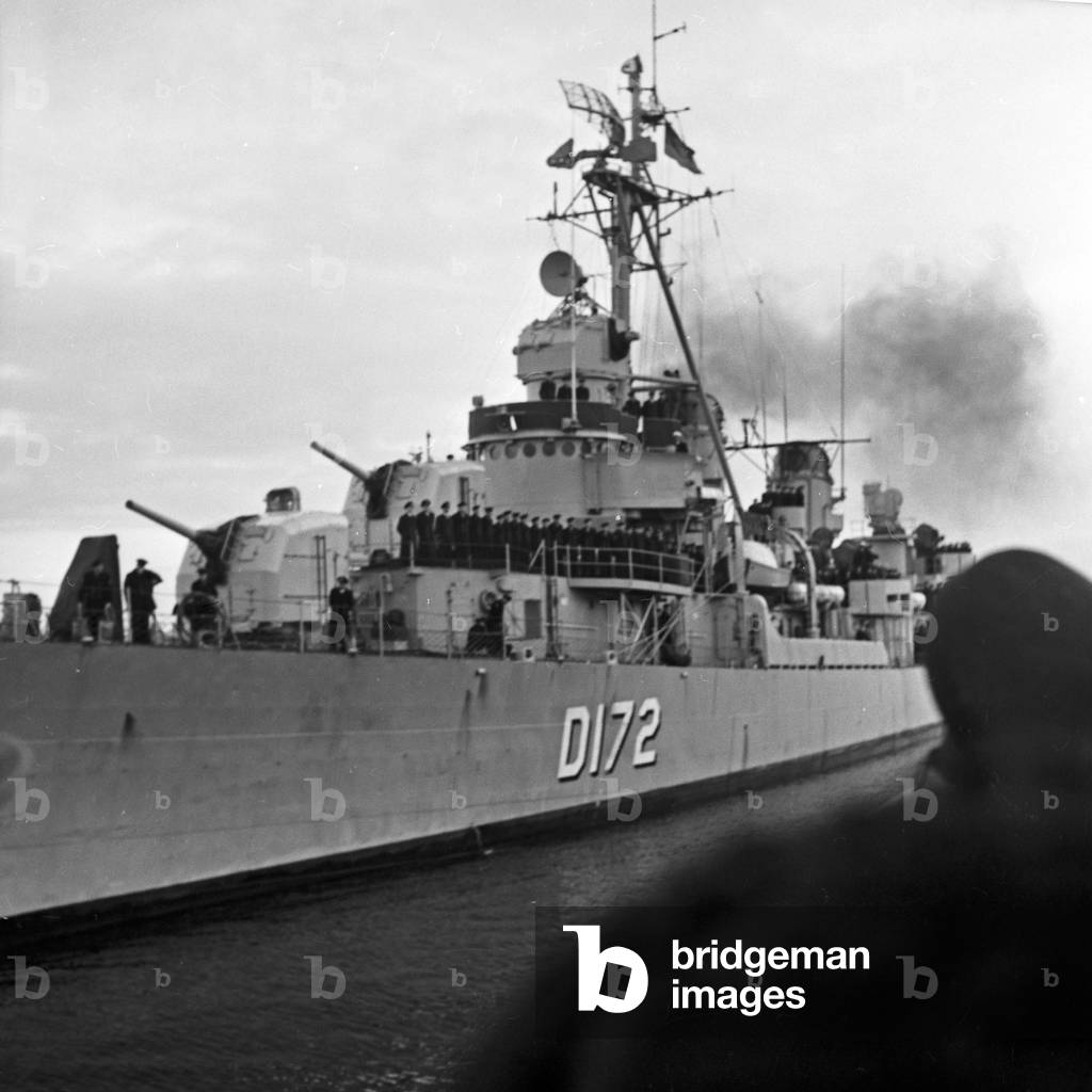 Destroyer ship D 172 of type 119 of German Federal navy on Deck at Kiel harbor, Germany 1960s