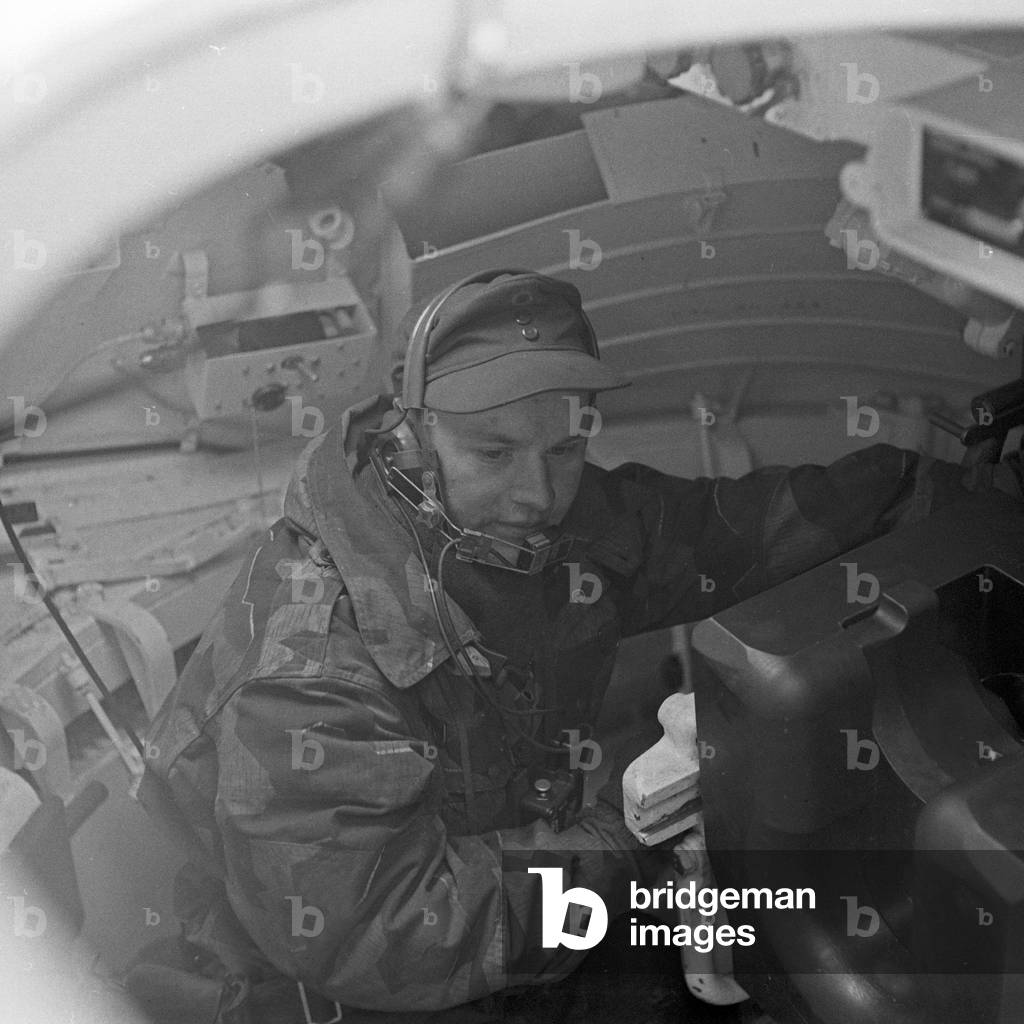 The pileot of a Leopard 1 tank of the Germany Bundeswehr at the cockpit of his tank, Germany 1950s