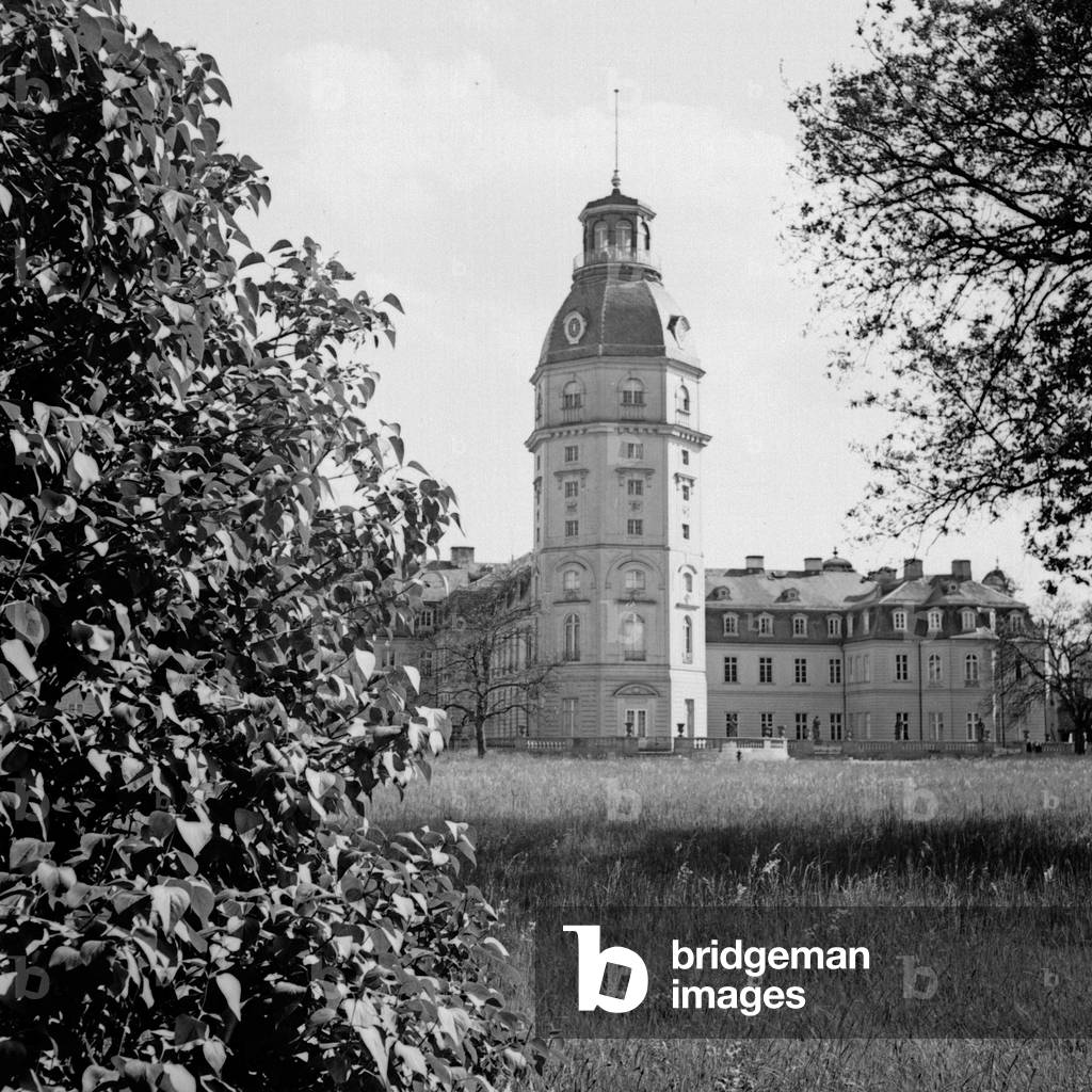 Belfry at Karlsruhe castle, Germany 1930s (b/w photo)