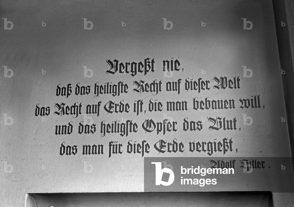 Quotiation from Adolf Hitler for motivating the German youth and people, Germany 1930s (b/w photo)