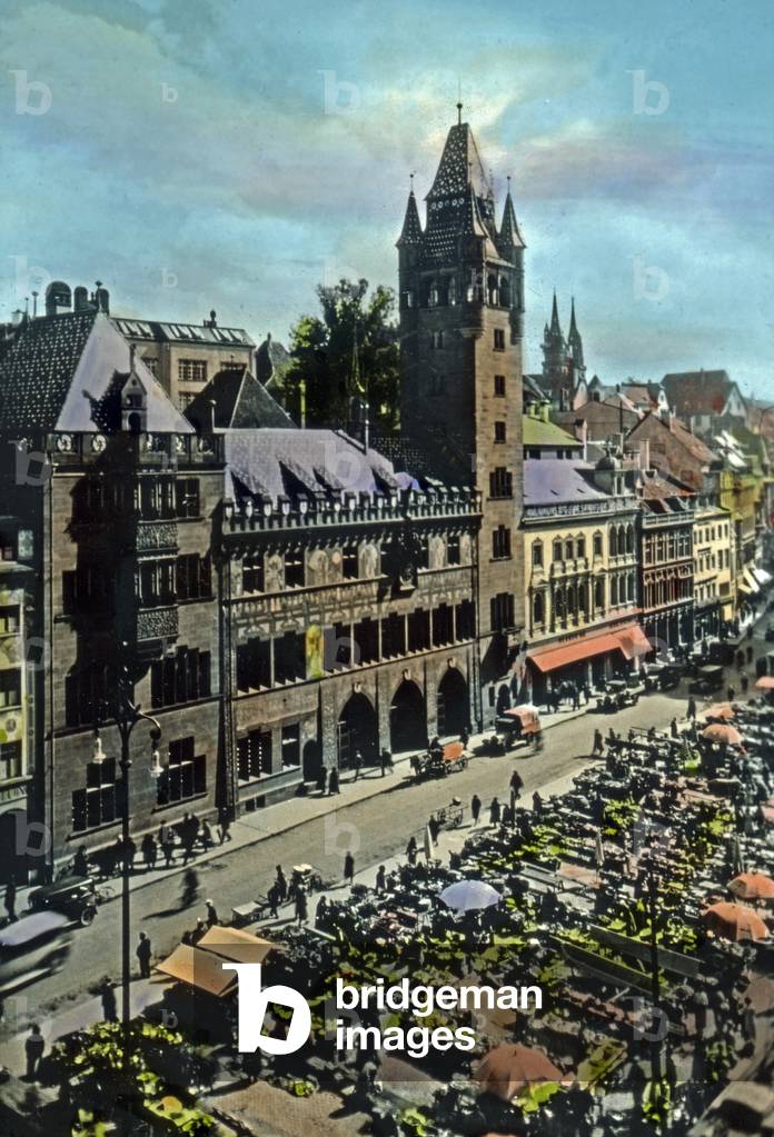 Main market and city hall of Basel, Switzerland 1920s