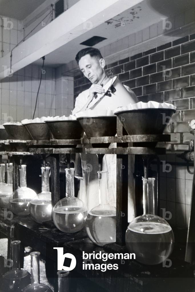 A lab assistant is bottling medicine samples in big glass flask in a lab of the Behringwerke, Marburg, Germany 1930s (b/w photo)