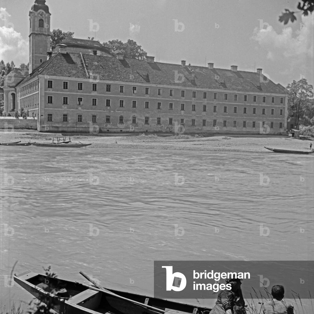 Weltenburg Abbey on river Danube, Germany 1930s (b/w photo)