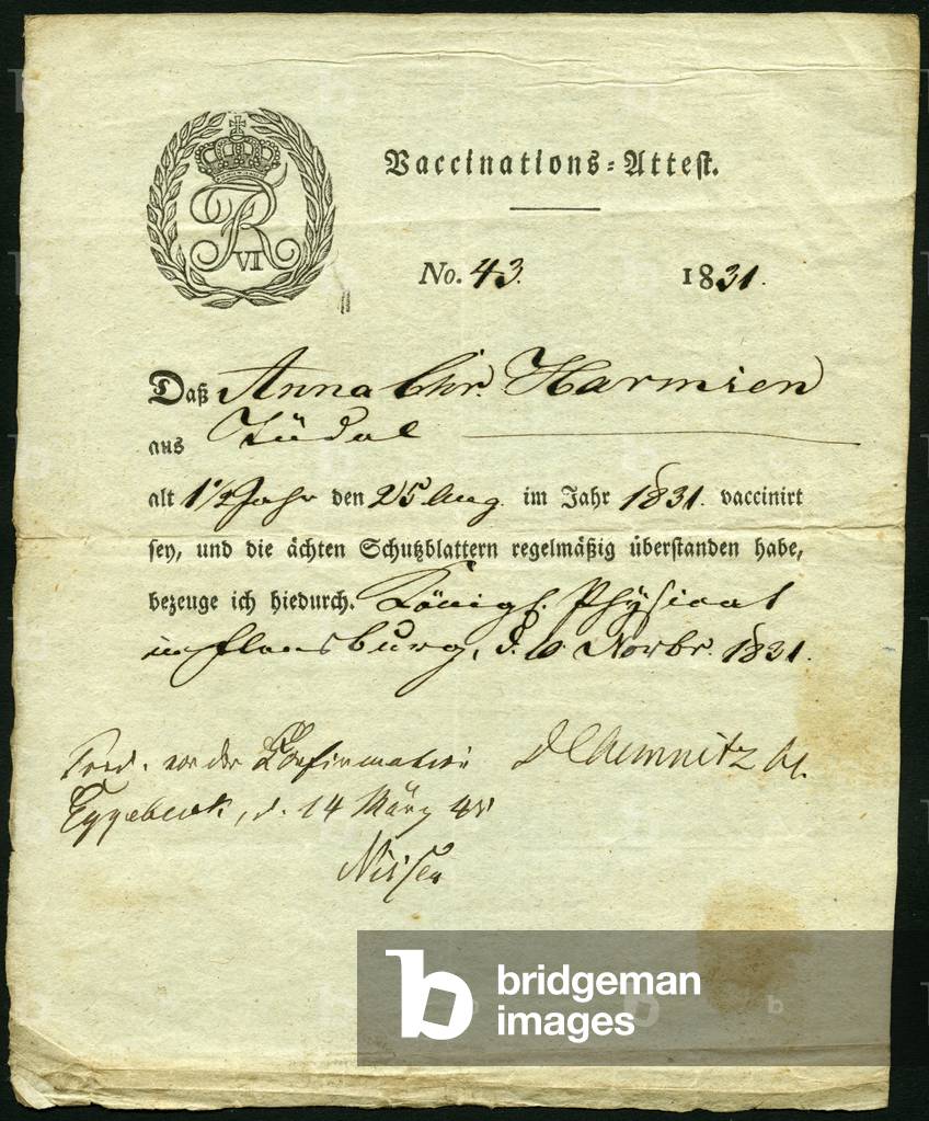Germany, vaccination certificate for Anna Christine Harmsen, 1 1/2 years old, the vaccination is from the 25. 8. 1831 against smallpox, the document is from 10. 11. 1831 (engraving)