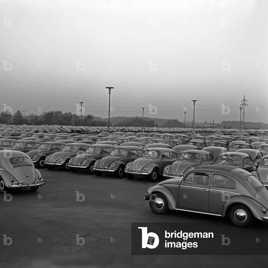 New Volkswagen beetles produced and ready to be delivered, Germany 1950s